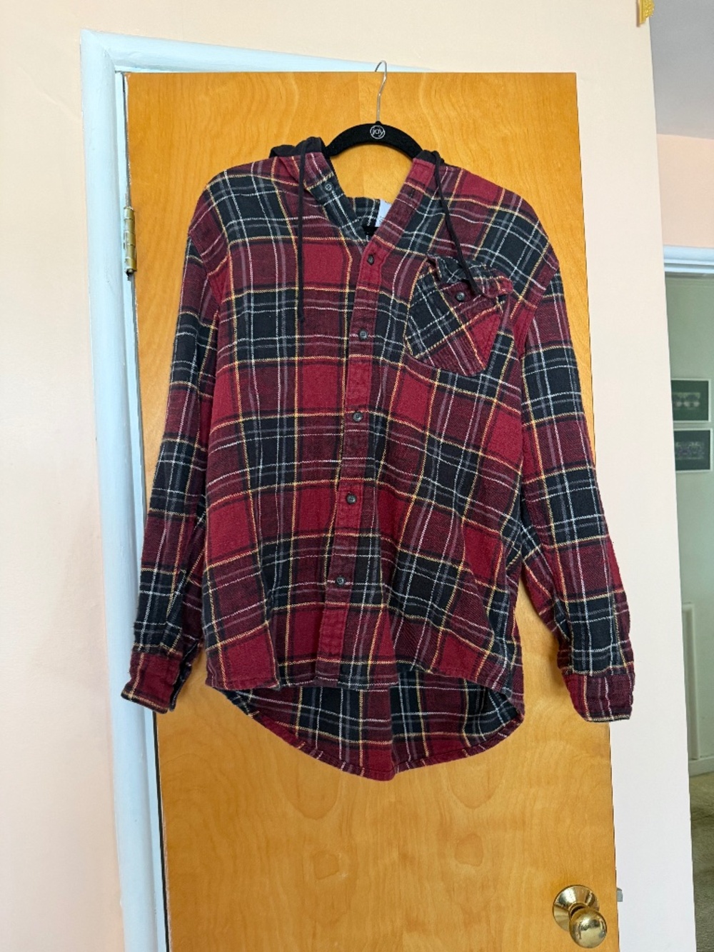 Mens Sonoma Red and Black Button Down Flannel with Hood, Size L